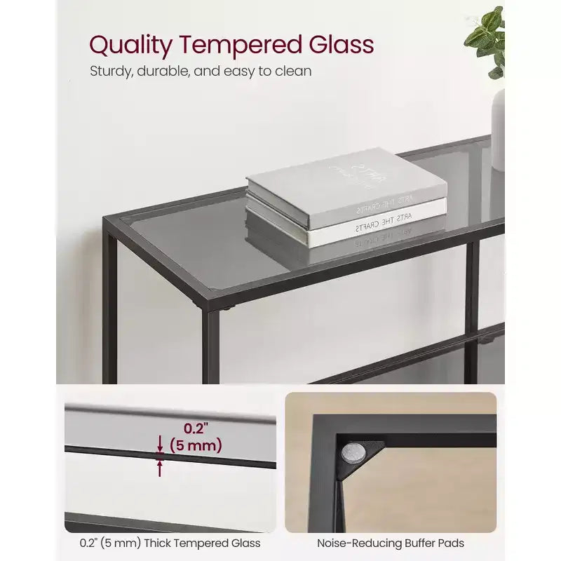 VASAGLE Tavolo Console da 130 cm con 3 Ripiani, Tavolo da Divano, Tavolo da Ingresso, Struttura in Metallo, Ripiano in Vetro Temperato, Stile Moderno