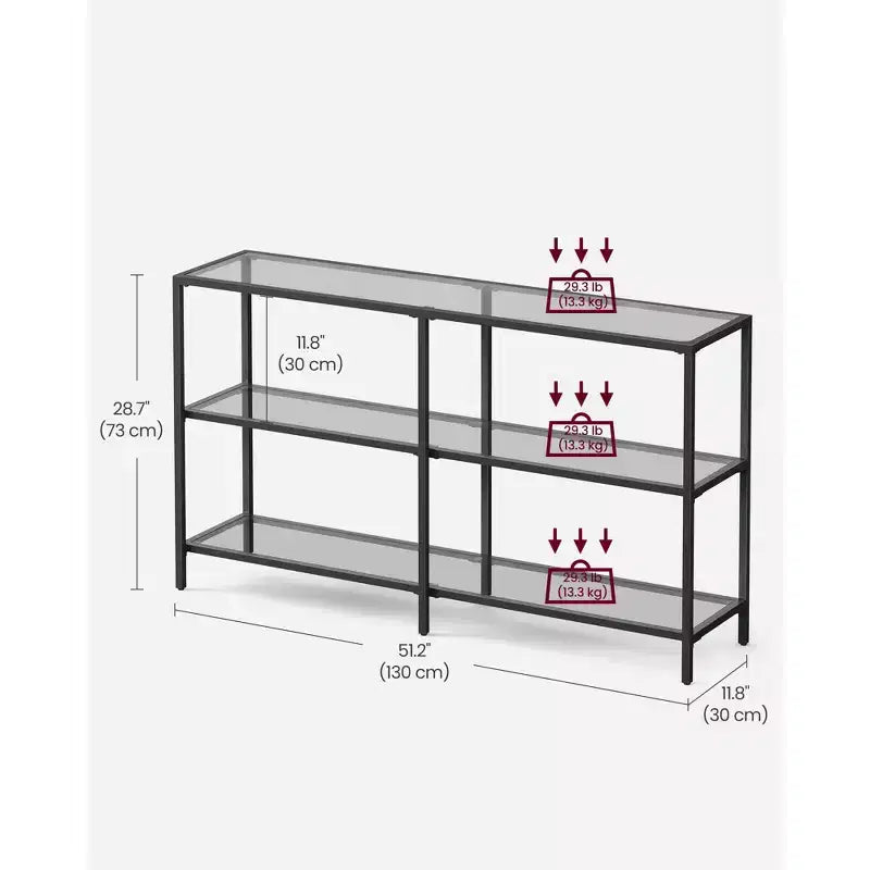 VASAGLE Tavolo Console da 130 cm con 3 Ripiani, Tavolo da Divano, Tavolo da Ingresso, Struttura in Metallo, Ripiano in Vetro Temperato, Stile Moderno