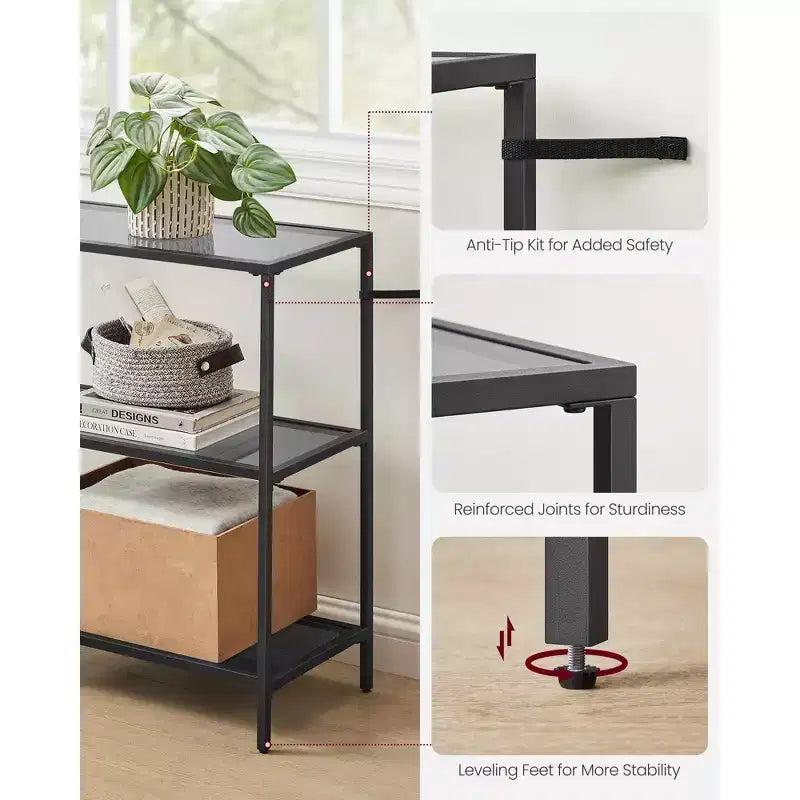 VASAGLE Tavolo Console da 130 cm con 3 Ripiani, Tavolo da Divano, Tavolo da Ingresso, Struttura in Metallo, Ripiano in Vetro Temperato, Stile Moderno