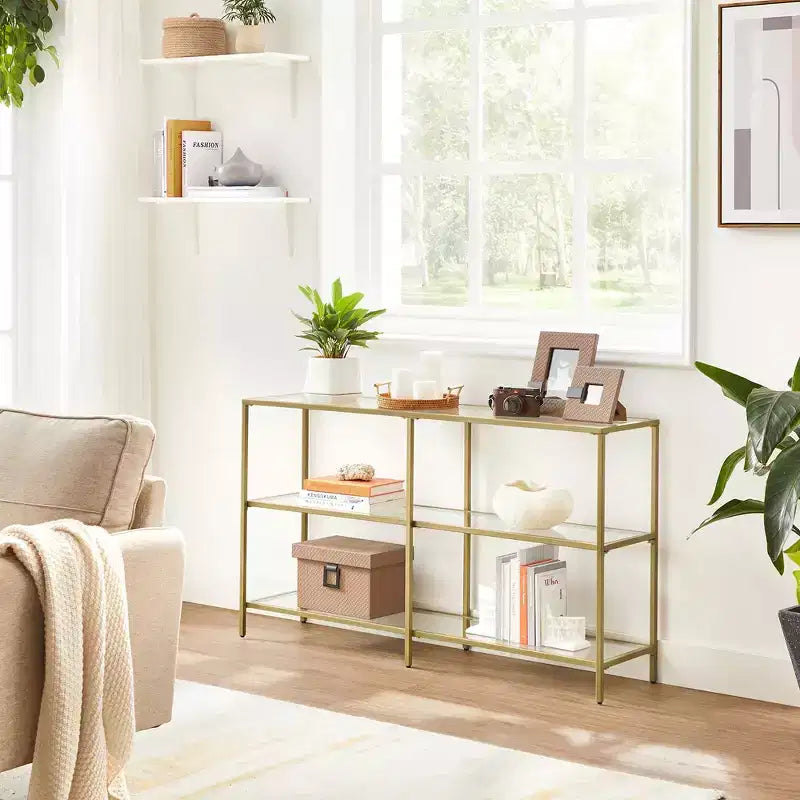 VASAGLE Tavolo Console da 130 cm con 3 Ripiani, Tavolo da Divano, Tavolo da Ingresso, Struttura in Metallo, Ripiano in Vetro Temperato, Stile Moderno