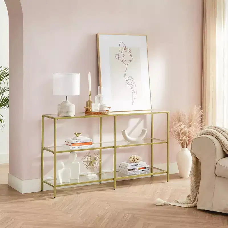 VASAGLE Tavolo Console da 130 cm con 3 Ripiani, Tavolo da Divano, Tavolo da Ingresso, Struttura in Metallo, Ripiano in Vetro Temperato, Stile Moderno