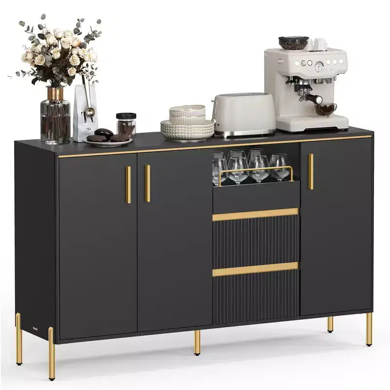 VASAGLE Buffet Cabinet with Storage, Sideboard Storage Cabinet, Kitchen Cabinet with Drawers, Adjustable Shelf, Tray, Ink Black