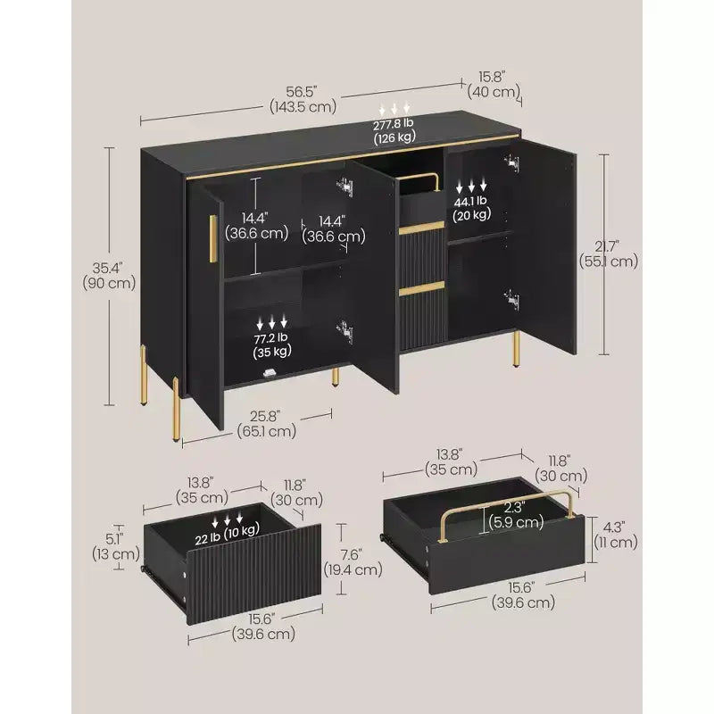VASAGLE Credenza con Mobile Contenitore, Mobile Contenitore a Buffet, Mobile da Cucina con Cassetti, Scaffale Regolabile, Vassoio, Nero Inchiostro