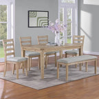 Set da pranzo minimalista in rovere da 60 cm a 6 pezzi (1 tavolo da pranzo + 4 sedie imbottite + 1 panca)