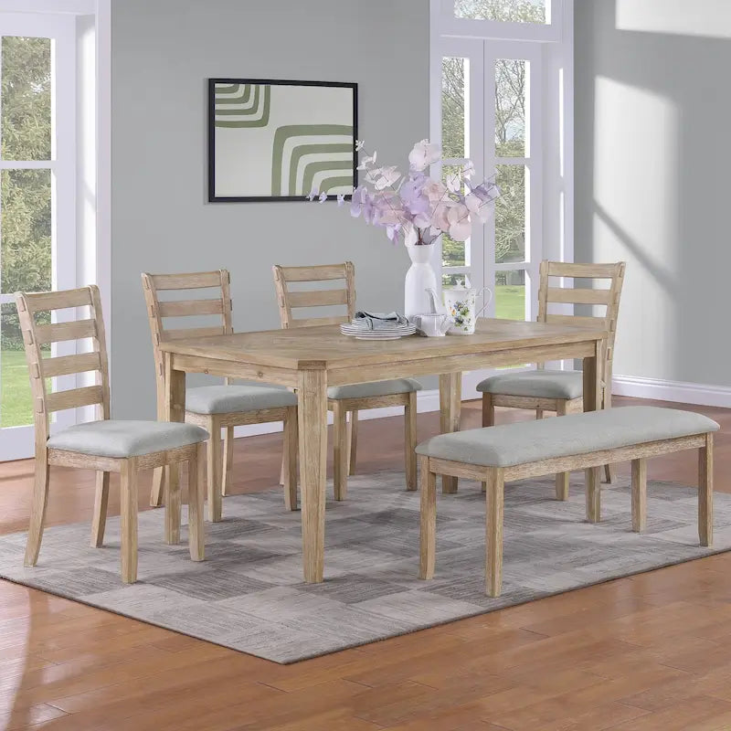 Set da pranzo minimalista in rovere da 60 cm a 6 pezzi (1 tavolo da pranzo + 4 sedie imbottite + 1 panca)