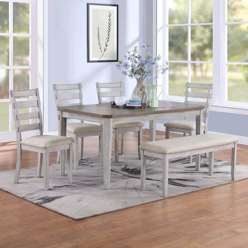 Set da pranzo minimalista in rovere da 60 cm a 6 pezzi (1 tavolo da pranzo + 4 sedie imbottite + 1 panca)