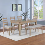 Set da pranzo minimalista in rovere da 60 cm a 6 pezzi (1 tavolo da pranzo + 4 sedie imbottite + 1 panca)