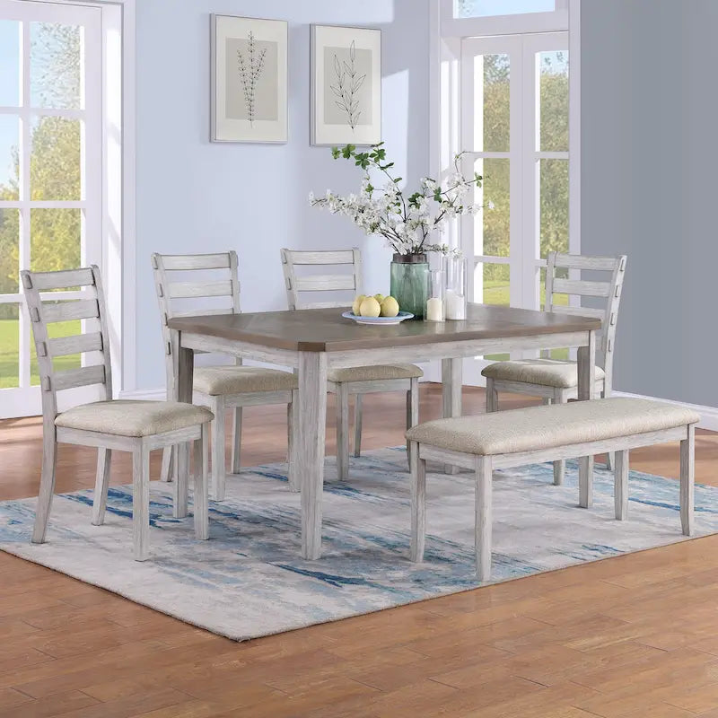 Set da pranzo minimalista in rovere da 60 cm a 6 pezzi (1 tavolo da pranzo + 4 sedie imbottite + 1 panca)