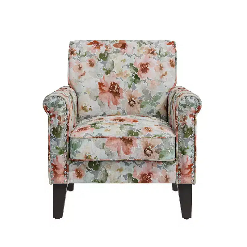 Poltrona con braccioli arrotolati tradizionali Handy Living Janet con borchie in peltro e motivo floreale