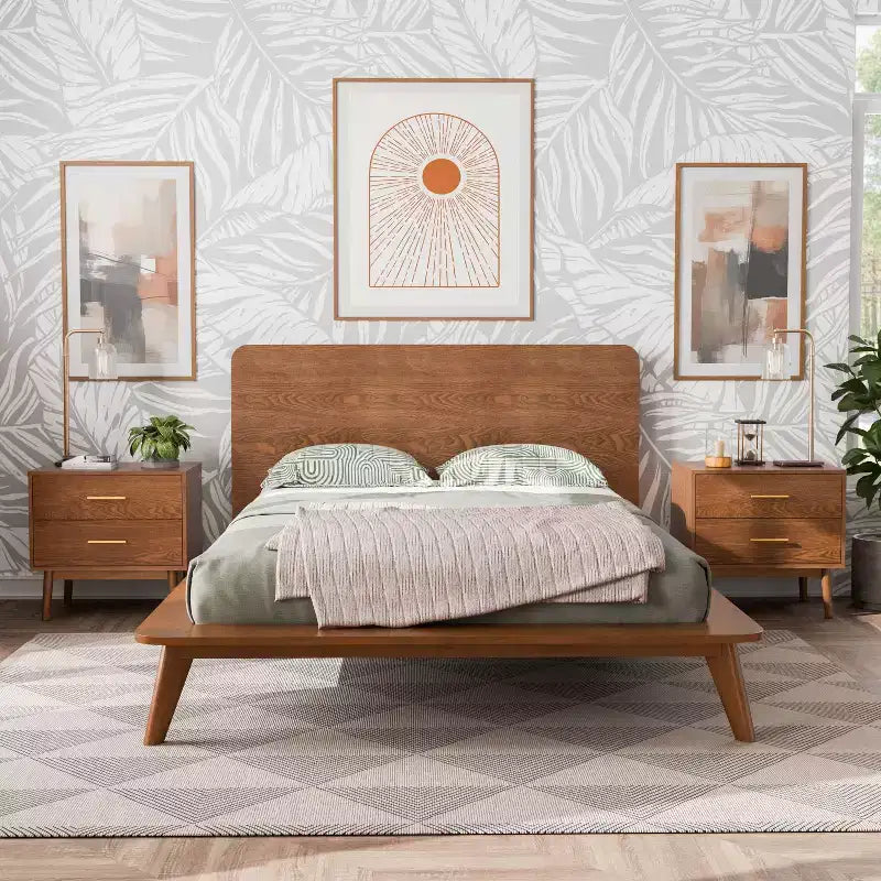 HOMES: Inside + Out Set Camera da Letto Riverstone Mid-Century in Legno a Piattaforma 3 Pezzi con 2 Comodini Noce